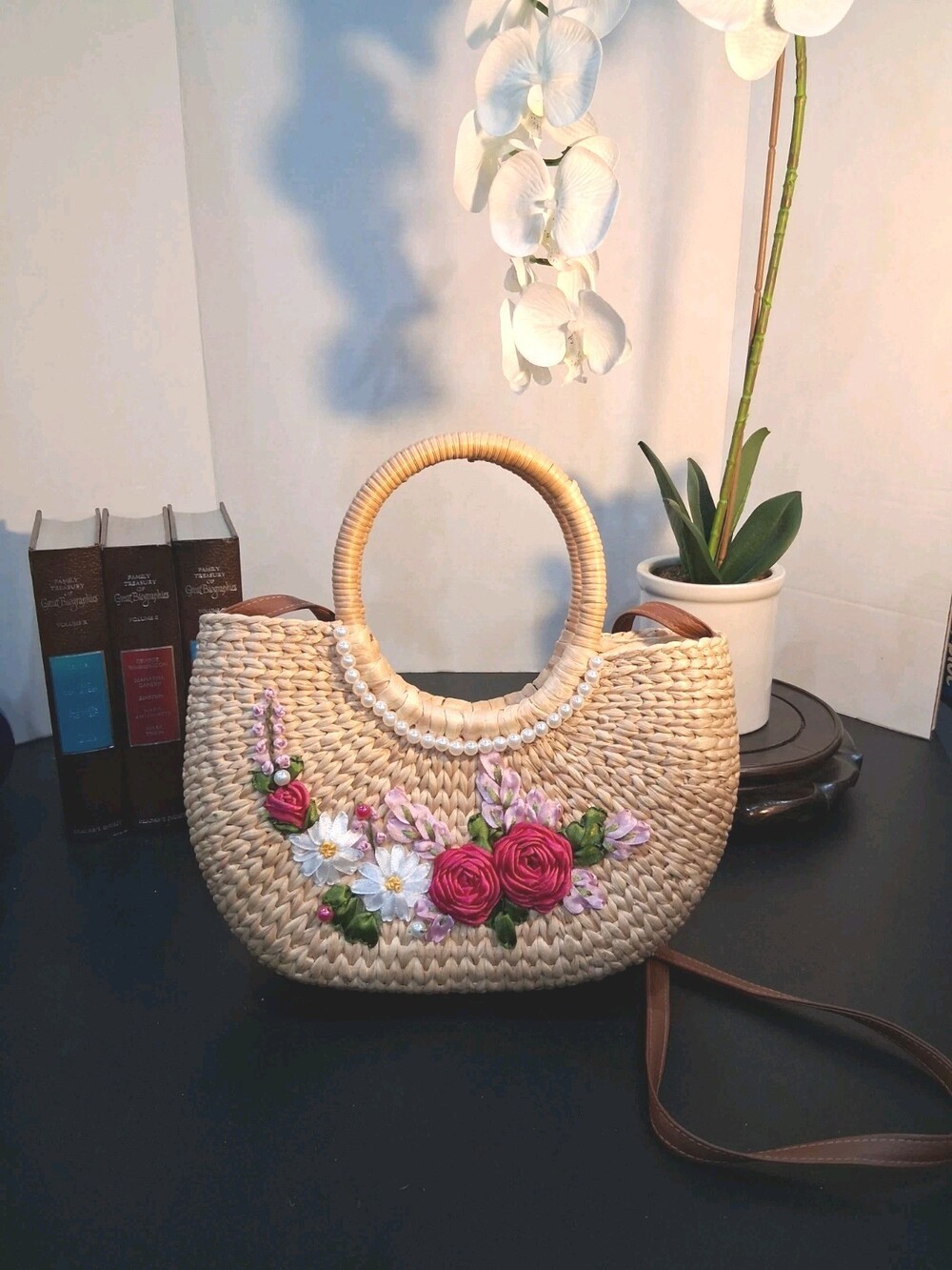 Handmade Embroidered+Woven Water Hyacinth Straw Purse;Boho Floral & Pearl Accent